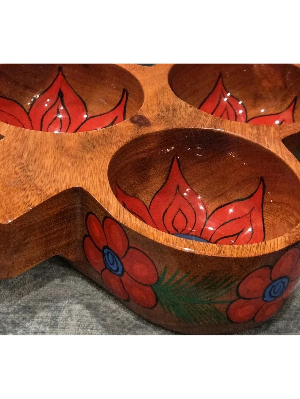 Vintage Hand Carved Mexican Wooden Divided Serving Dish 3 Bowl Floral Folk Art